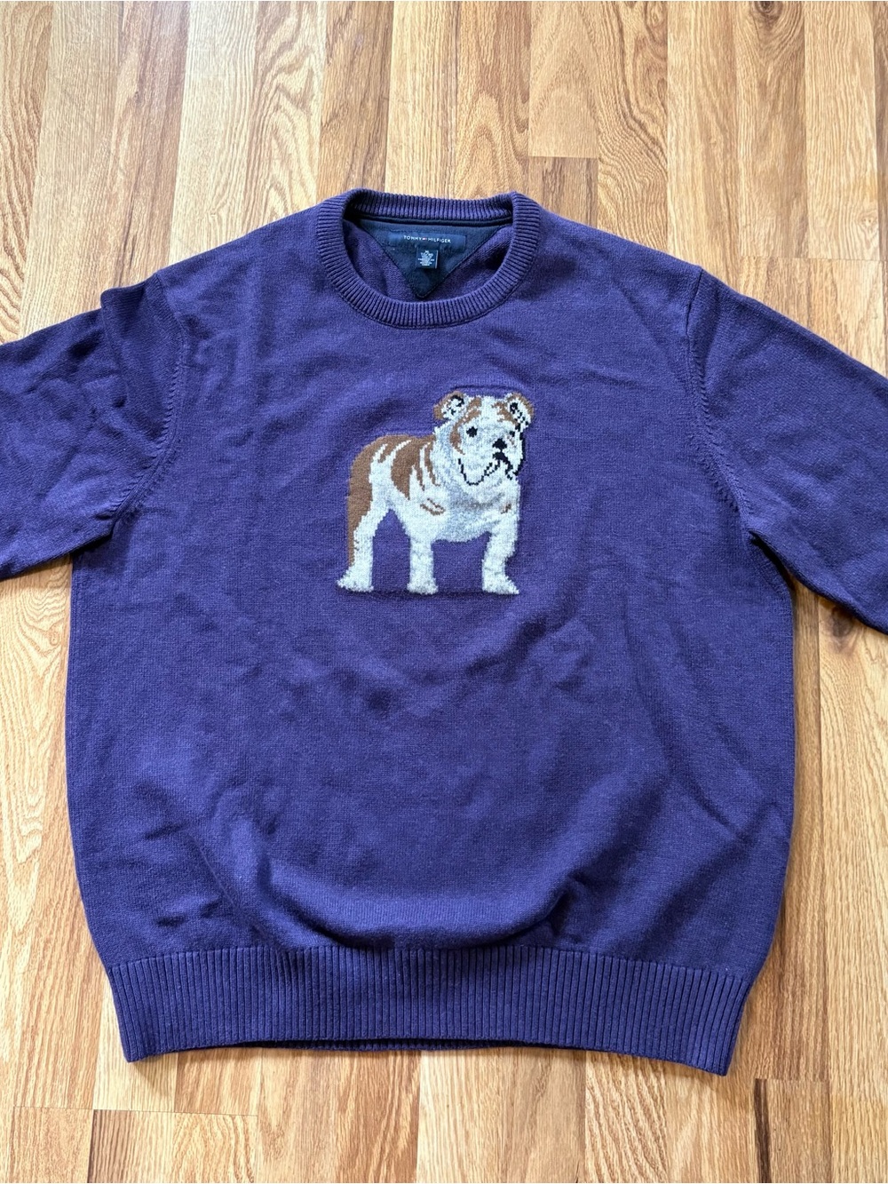 Preowned Tommy Hilfiger Bulldog Knitted Crewneck Sweater Elbow Patches XL Purple
